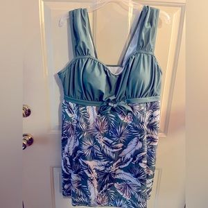 Green Leaf Print Wide Strap Knot Swimdress
